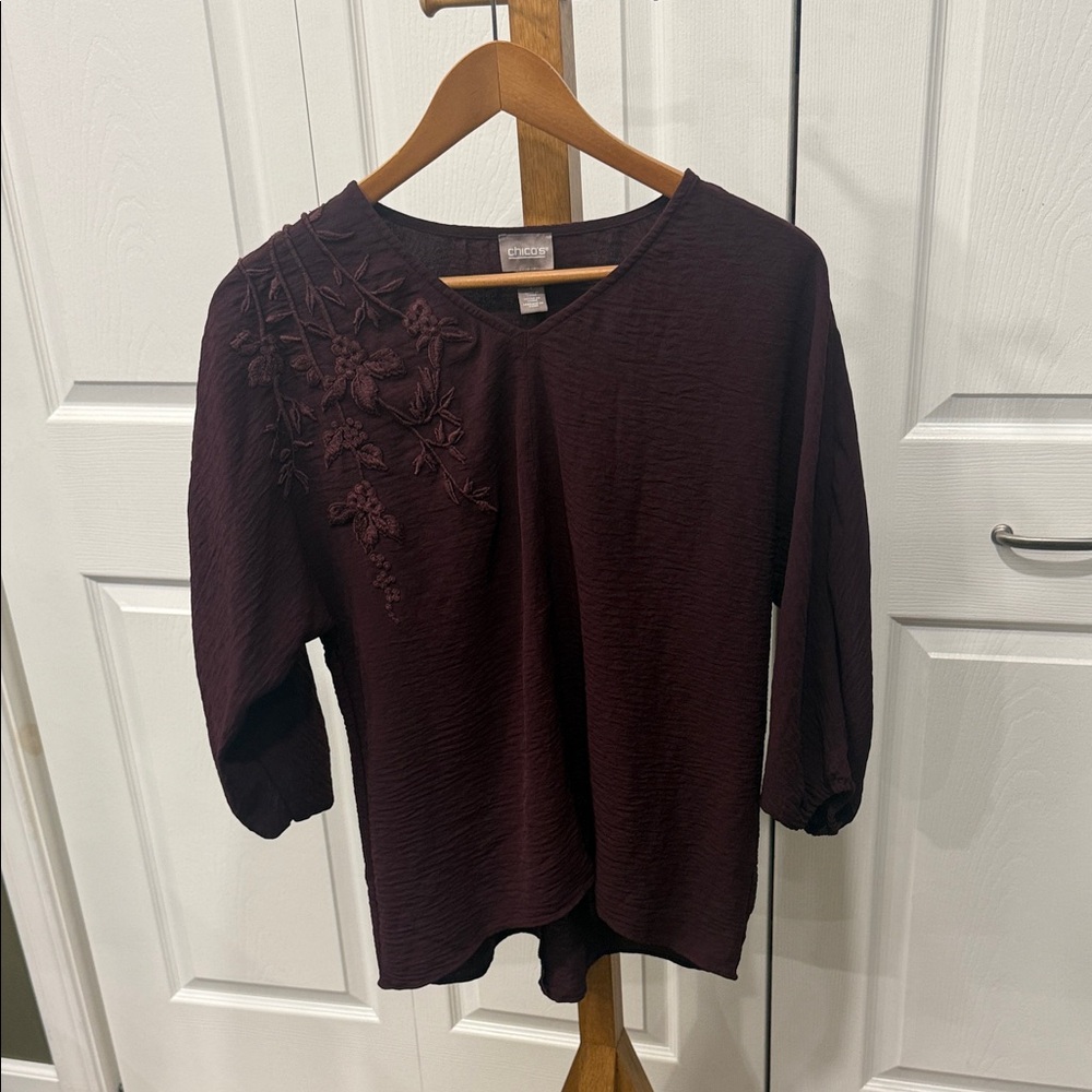 Chico's Deep Burgundy Blouse with Floral Details